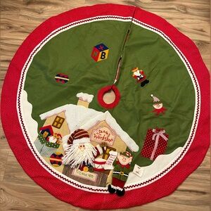 Santa’s Workshop Red and Green Christmas Tree Skirt